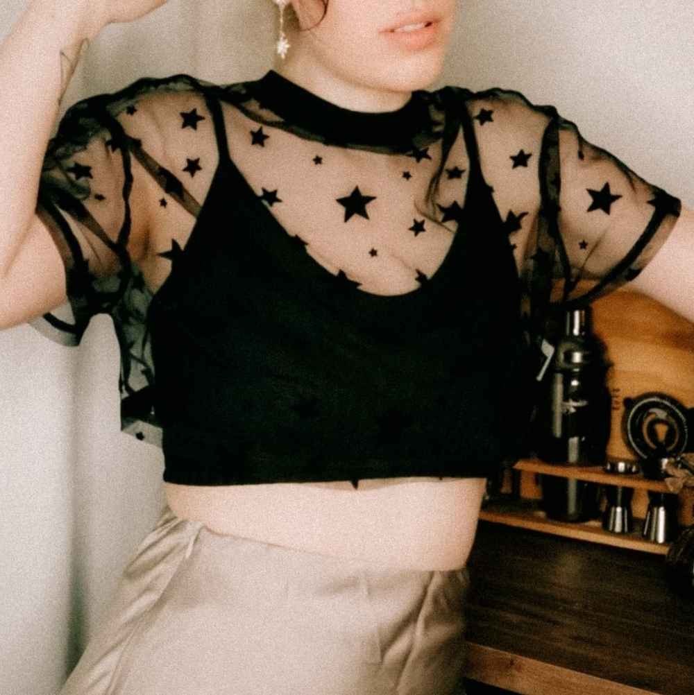 SHEIN Black Star-Print Sheer Mesh Crop Top